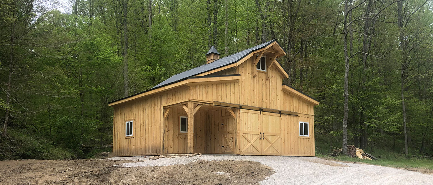 Timber Frame barn in the woods