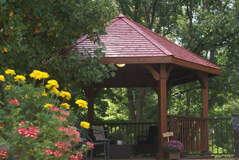 timber frame pavilion in the woods