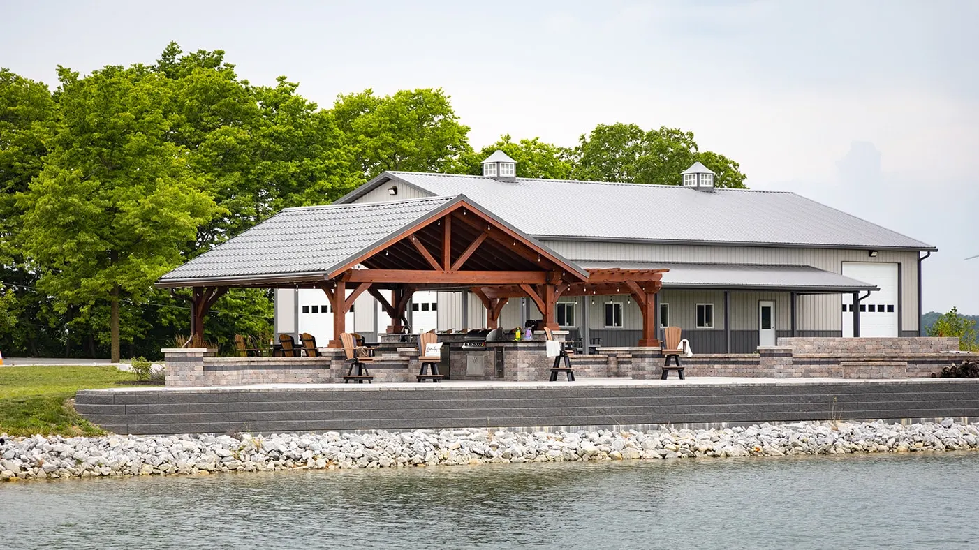 Timber Frame Pavilion beside a lake